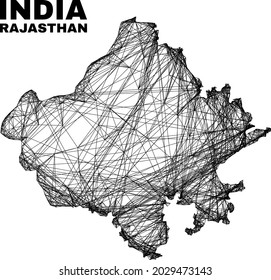 Mapa irregular de malla de alambre en el mapa del estado de Rajasthan. Las líneas abstractas se combinan en el mapa del estado de Rajastán. Red plana de canales de cable en formato vectorial.