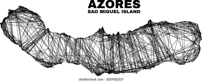 Wire frame irregular mesh Sao Miguel Island map. Abstract lines form Sao Miguel Island map. Linear frame 2D network in vector format.