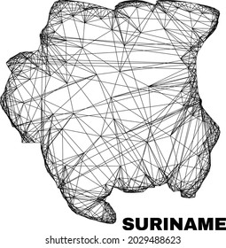 Wire frame irregular mesh Suriname map. Abstract lines are combined into Suriname map. Wire carcass flat net in vector format. Vector carcass is created for Suriname map using crossing random lines.