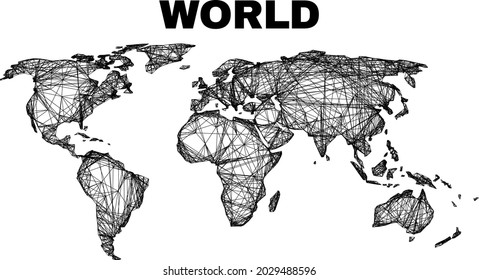 Wire frame irregular mesh world map. Abstract lines form world map. Wire frame flat network in vector format. Vector model is created for world map using crossing random lines.