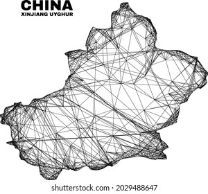 Wire frame irregular mesh Xinjiang Uyghur Region map. Abstract lines form Xinjiang Uyghur Region map. Wire frame flat network in vector format.