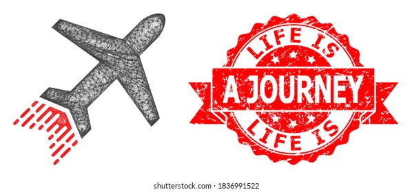Icono del forro de chorro de calibre alambre y sello de cinta de barrido Life is A Journey. El sello rojo contiene la etiqueta Life Is a Journey dentro de la cinta. Red plana de marco con tramas geométricas basada en el icono del forro de chorro,