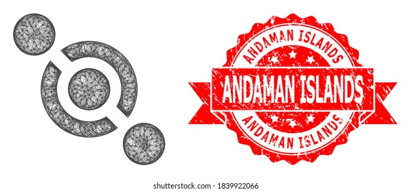 Wire frame joint connector icon, and Andaman Islands dirty ribbon seal imitation. Red stamp seal has Andaman Islands tag inside ribbon.Geometric wire carcass 2D net based on joint connector icon,