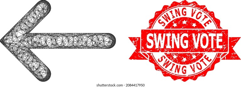 Wire frame left arrow icon, and Swing Vote corroded ribbon seal imitation. Red stamp seal contains Swing Vote tag inside ribbon.Geometric wire frame 2D network based on left arrow icon,