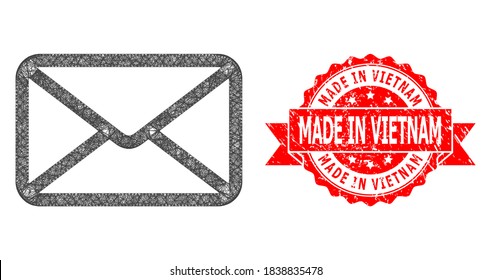 Wire frame letter icon, and Made in Vietnam rubber ribbon stamp. Red stamp seal contains Made in Vietnam caption inside ribbon.Geometric hatched frame 2D network based on letter icon,