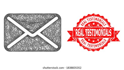 Wire frame letter icon, and Real Testimonials rubber ribbon seal. Red stamp contains Real Testimonials text inside ribbon.Geometric wire frame 2D net based on letter icon,