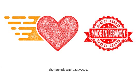 Wire frame love heart icon, and Made in Lebanon corroded ribbon stamp seal. Red stamp seal includes Made in Lebanon title inside ribbon.Geometric hatched frame 2D network based on love heart icon,
