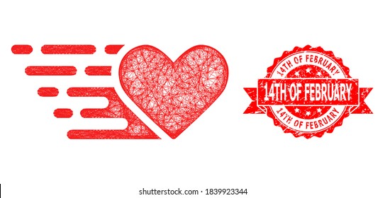 Wire frame love heart icon, and 14Th of February rubber ribbon stamp seal. Red stamp seal includes 14Th of February title inside ribbon.Geometric wire carcass flat net based on love heart icon,