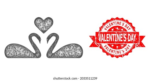 Wire frame love swans icon, and Valentine'S Day dirty ribbon seal print. Red seal includes Valentine'S Day tag inside ribbon.Geometric wire frame 2D network based on love swans icon,