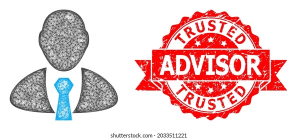 Wire frame manager icon, and Trusted Advisor corroded ribbon seal imitation. Red seal includes Trusted Advisor caption inside ribbon.Geometric linear frame flat network based on manager icon,