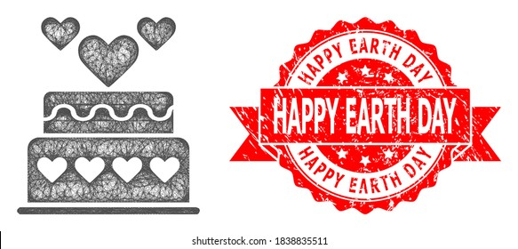 Wire frame marriage cake icon, and Happy Earth Day corroded ribbon seal imitation. Red seal contains Happy Earth Day title inside ribbon.