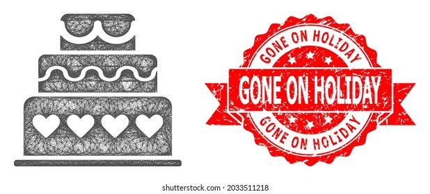 Wire frame marriage cake icon, and Gone on Holiday textured ribbon seal print. Red seal has Gone on Holiday tag inside ribbon.Geometric wire frame 2D network based on marriage cake icon,