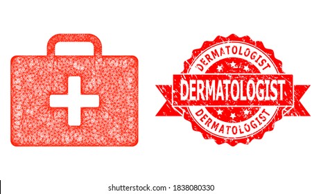 Gehäuse-Ikone für Wire-Frame-medizinische Geräte und Geschenkpapier für Dermatologe mit Korrosionsband. Rote Stempeldichtung hat Dermatologen-Text in Ribbon.Geometrisches Kabelnetz 2D-Netz auf der Grundlage von medizinischen Kit Gehäuse-Symbol,