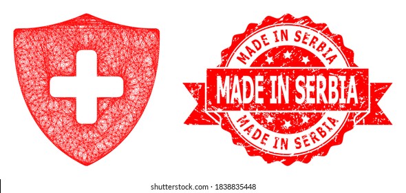 Wire frame medical shield icon, and Made in Serbia unclean ribbon stamp. Red stamp seal has Made in Serbia tag inside ribbon.Geometric wire frame flat network based on medical shield icon,