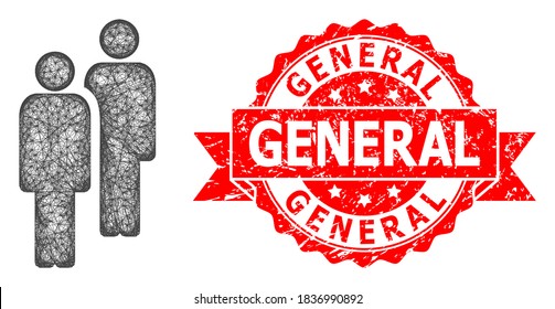 Wire frame men icon, and General unclean ribbon stamp seal. Red seal has General caption inside ribbon.Geometric wire frame 2D network based on men icon, generated from crossed lines.