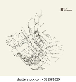 Wire frame mesh polygonal element. Grey graphic background dots with line connections for your network design. Abstract form with connected lines and dots. Vector illustration.
