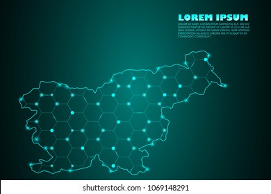 Wire frame mesh polygonal network line. Abstract mash line and point scales on dark background with map of Slovenia. Vector illustration eps 10. design polygon sphere.communication world