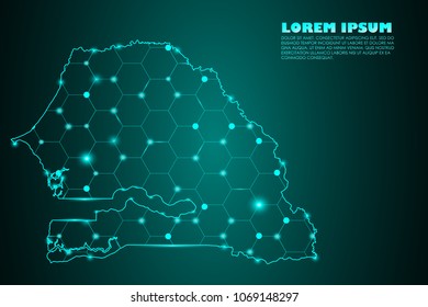 Wire frame mesh polygonal network line. Abstract mash line and point scales on dark background with map of Senegal. Vector illustration eps 10. design polygon sphere.communication world