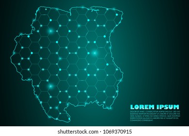 Wire frame mesh polygonal network line. Abstract mash line and point scales on dark background with map of Suriname. Vector illustration eps 10. design polygon sphere.communication world
