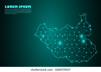 Wire frame mesh polygonal network line. Abstract mash line and point scales on dark background with map of South Sudan. Vector illustration eps 10. design polygon sphere.communication world