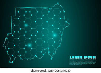 Wire frame mesh polygonal network line. Abstract mash line and point scales on dark background with map of Sudan. Vector illustration eps 10. design polygon sphere.communication world
