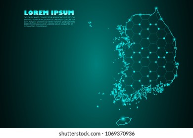 Wire frame mesh polygonal network line. Abstract mash line and point scales on dark background with map of South Korea. Vector illustration eps 10. design polygon sphere.communication world