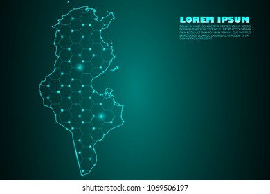 Wire frame mesh polygonal network line. Abstract mash line and point scales on dark background with map of Tunisia. Vector illustration eps 10. design polygon sphere.communication world