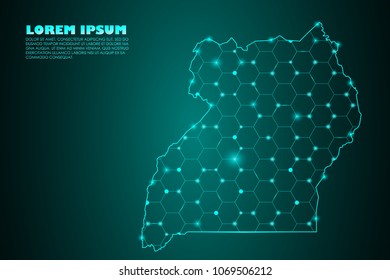 Wire frame mesh polygonal network line. Abstract mash line and point scales on dark background with map of Uganda. Vector illustration eps 10. design polygon sphere.communication world