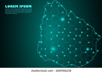 Wire frame mesh polygonal network line. Abstract mash line and point scales on dark background with map of Uruguay. Vector illustration eps 10. design polygon sphere.communication world