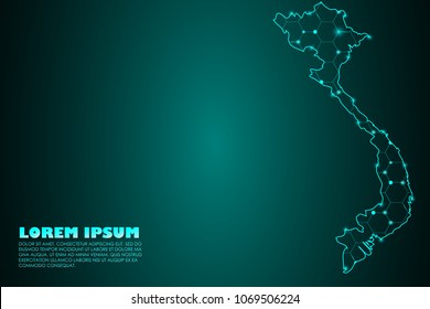 Wire frame mesh polygonal network line. Abstract mash line and point scales on dark background with map of Vietnam. Vector illustration eps 10. design polygon sphere.communication world