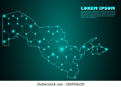 Wire frame mesh polygonal network line. Abstract mash line and point scales on dark background with map of Uzbekistan. Vector illustration eps 10. design polygon sphere.communication world