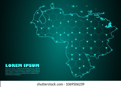 Wire frame mesh polygonal network line. Abstract mash line and point scales on dark background with map of Venezuela. Vector illustration eps 10. design polygon sphere.communication world