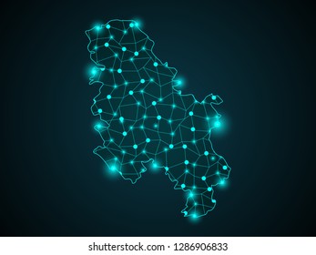 Wire frame mesh polygonal network line. Abstract mash line and point scales on dark background with map of Serbia without Kosovo . Vector illustration eps 10. design polygon sphere. - Vector