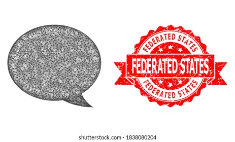 Wire frame message cloud icon, and Federated States unclean ribbon stamp seal. Red stamp includes Federated States tag inside ribbon.Geometric linear frame flat network based on message cloud icon,