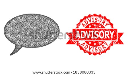 Wire frame message cloud icon, and Advisory corroded ribbon stamp. Red stamp has Advisory title inside ribbon.Geometric wire frame 2D network based on message cloud icon, generated from crossed lines.