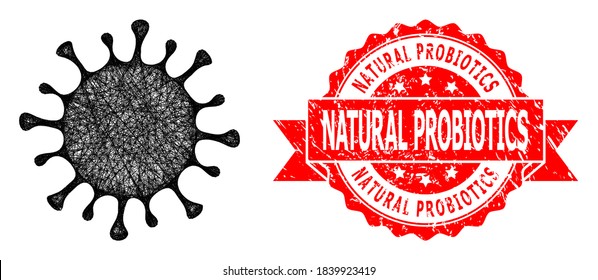 Wire frame microbe icon, and Natural Probiotics grunge ribbon stamp. Red stamp seal contains Natural Probiotics tag inside ribbon.Geometric wire frame 2D net based on microbe icon,