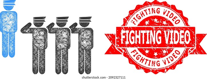 Wire frame military unit icon, and Fighting Video textured ribbon seal print. Red stamp seal contains Fighting Video caption inside ribbon.Geometric hatched frame 2D net based on military unit icon,