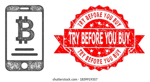 Das Symbol für das mobile Bitcoin-Konto des Wire-Frames und testen Sie vor dem Kauf eines farbigen Bandstempels. Rote Stempeldichtung beinhaltet Try Before You Buy Text in Band.