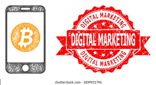 Icono de banco de bitcoin móvil con marco de alambre y sello de timbre de la cinta de la marca Digital Marketing. El sello rojo contiene texto de marketing digital dentro de la cinta.