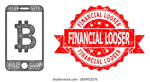 Wire frame mobile bitcoin bank icon, and Financial Looser grunge ribbon seal. Red stamp seal includes Financial Looser caption inside ribbon.