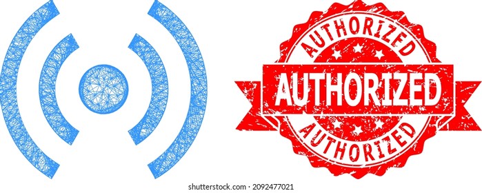 Wire frame mobile internet icon, and Authorized dirty ribbon watermark. Red stamp has Authorized text inside ribbon.Geometric wire frame 2D net based on mobile internet icon,