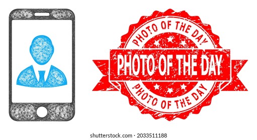 Wire frame mobile user profile icon, and Photo of the Day grunge ribbon seal. Red seal contains Photo of the Day text inside ribbon.Geometric wire frame flat net based on mobile user profile icon,