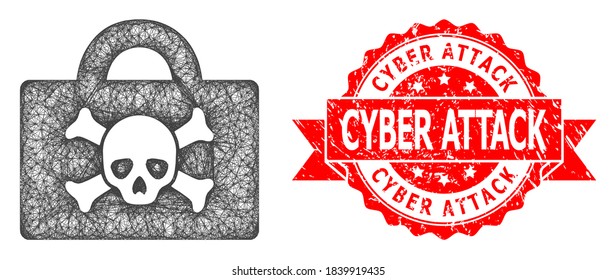 Wire frame mortal case icon, and Cyber Attack corroded ribbon seal print. Red stamp seal has Cyber Attack text inside ribbon.Geometric wire frame 2D net based on mortal case icon,