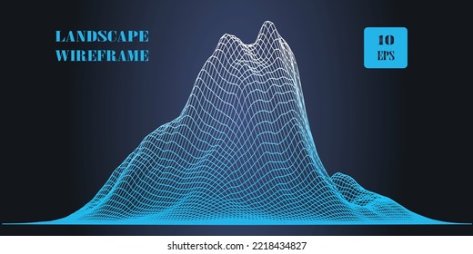a wire frame of a mountain landscape with a white top made of light blue lines on a dark background