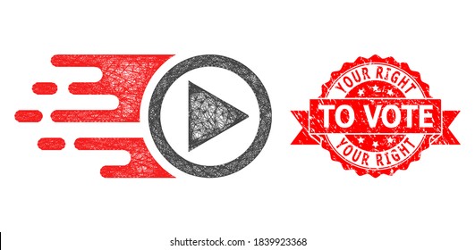 Wire frame move right icon, and Your Right To Vote unclean ribbon seal print. Red seal has Your Right to Vote text inside ribbon.Geometric hatched frame 2D net based on move right icon,