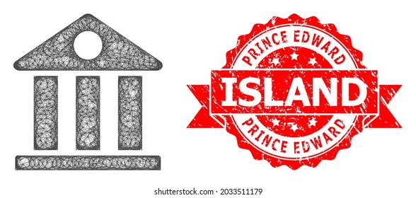 Wire frame museum icon, and Prince Edward Island textured ribbon stamp seal. Red stamp seal includes Prince Edward Island tag inside ribbon.Geometric wire carcass flat net based on museum icon,