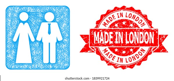 Wire frame newlyweds icon, and Made in London dirty ribbon seal. Red seal contains Made in London title inside ribbon.Geometric wire frame 2D net based on newlyweds icon, generated from crossed lines.