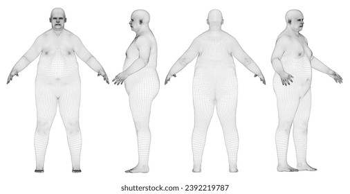 El marco de cables sobrepeso del cuerpo humano en la realidad virtual. gente con sobrepeso. Modelo 3D escaneado por médicos. Diseño de tecnología poligonal.