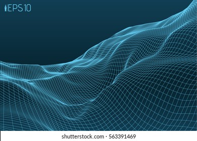 Wire frame perspective relief. Linear 3D grid. Abstract vector illustration.