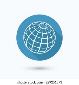Wire frame planet sphere flat icon with long shadow. Isolated on white background. Vector illustration, eps 10.